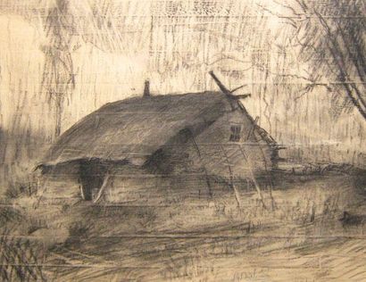 RICHARD, René Jean (1895-1982) «La cabane d'un vieux trappeur, Alberta nord» Fusain...