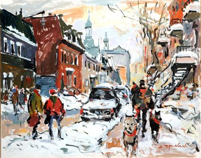 BRUNONI, Serge (1939-) «Montréal, rue Berri» Acrylique sur panneau Signée en bas...