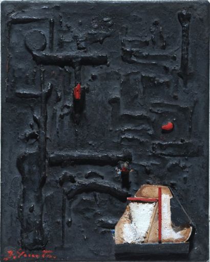 GIUNTA, Joseph (1911-2001) «Petit noir» Collage et huile sur panneau Signé en bas...