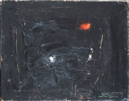 HUDON, Normand (1929-1997) «Le soleil a rendez-vous avec la lune» Huile sur toile...