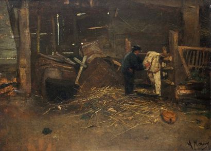 MAUVE, Anton (1838-1888) Dans la grange Huile sur panneau de bois Signée en bas à...