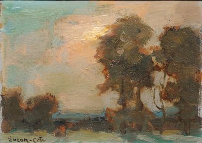 SUZOR-CÔTÉ, Marc-Aurèle de Foy (1869-1937) Paysage au crépuscule Huile sur carton...