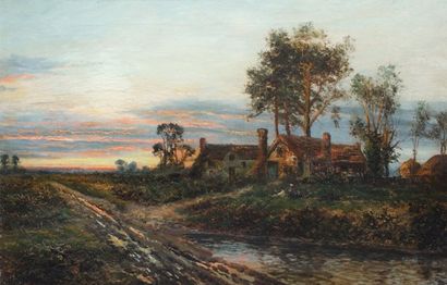SHERRIN, Daniel (1868-1940) Coucher de soleil sur la ferme Huile sur toile Signée...