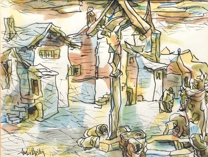 BIELER, André-Charles (1896-1989) «À la fontaine» Aquarelle Signée en bas à gauche:...