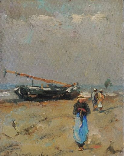 WIJSMULLER, Jan Hillebrand (1855-1925) Bord de mer Huile sur panneau de bois Signée...