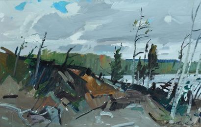 BOUCHARD, Lorne Holland (1913-1978) «Windy weather, Laurentians, Lac Simon» Huile...