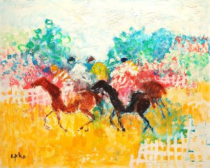 EPKO, Epko Williring dit (1928-) «Course de chevaux à Longchamp» Huile sur toile...