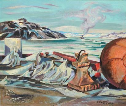 CLOUTIER, Albert Edward (1902-1965) «Icebreaker et Baie Ha Ha, Saguenay» Huile sur...