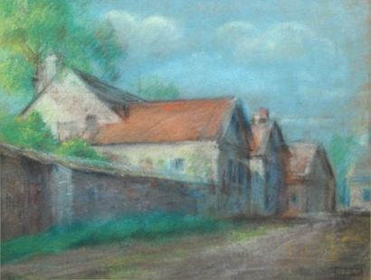 DELFOSSE, Georges (1869-1939) Maisons aux toits rouges Pastel sur papier Estampe...