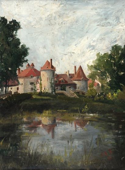 ÉCOLE EUROPÉENNE XIXème Château près du lac Huile sur toile Monogrammée et datée...