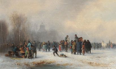DOLL, Anton (1826-1887) Plaisirs d'hiver Huile sur panneau de bois Signée et située...