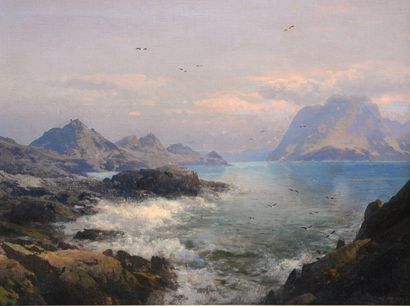 HERZOG, Hermann Ottomar (1832-1932) Lac aux pieds des montagnes Huile sur toile Signée...