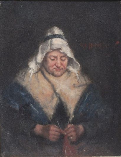 HUTCHISON, Robert Gemmell (1855-1936) Femme au tricot Huile sur toile Signée en haut...