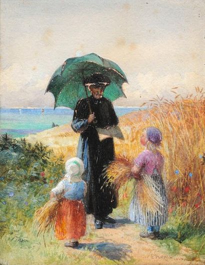 LEWIS, Charles James (1830-1892) La récolte Huile et aquarelle sur papier Signée...