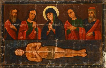 ECOLE BYZANTINE Ecole byzantine La mort de Jésus Huile sur toile 65x100cm - 25.5...