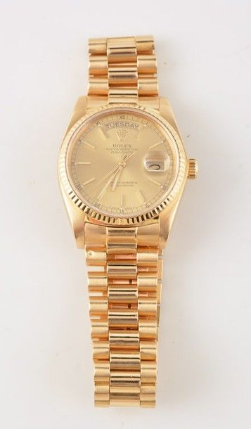 ROLEX ROLEX Bracelet-montre d'homme en or jaune 18K, modèle Oyster Perpetual Day-Date,...