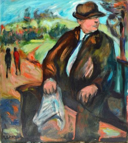 null HORNYAK, Jennifer (1940-) Homme au chapeau sur un banc Huile sur toile Signée...