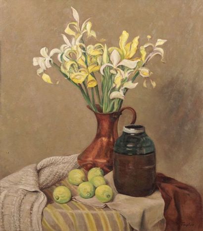 null TAYLOR, Frédéric Bourchier (1906-1987) "Still life with iris and lemons" Huile...