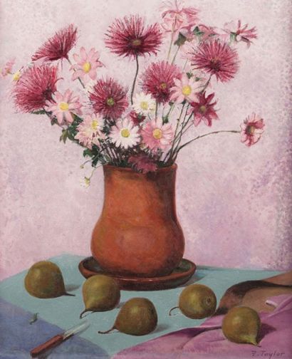 null TAYLOR, Frédéric Bourchier (1906-1987) "Mixed flowers, pears" Huile sur toile...
