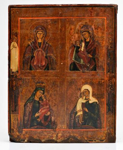 Icône Icône en bois polychrome à décor de scènes de la Vie de la Vierge. 

28x22.5cm...