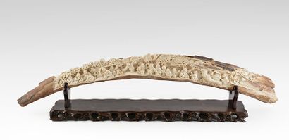 JAPON FIN XIXe - MAMMOUTH Défense de mammouth en partie fossilisée, finement sculptée...