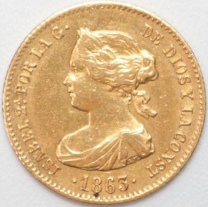 null Espagne. Isabelle II (1833-1868). 40 Réales or 1863 Madrid. 3,34 g.
TTB/Sup...