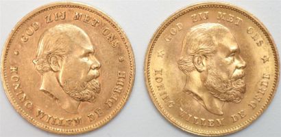 null Pays Bas (République). 10 Gulden or 1875 et 1877. 2 monnaies 6,72 et 6,73 g....