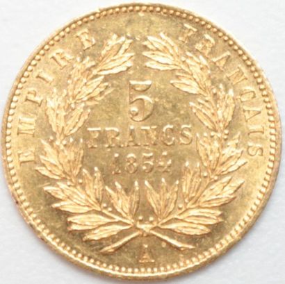 null Second Empire (1852-1870). 5 Francs or 1854 A Paris. 1,62 g. - Tranche lisse....