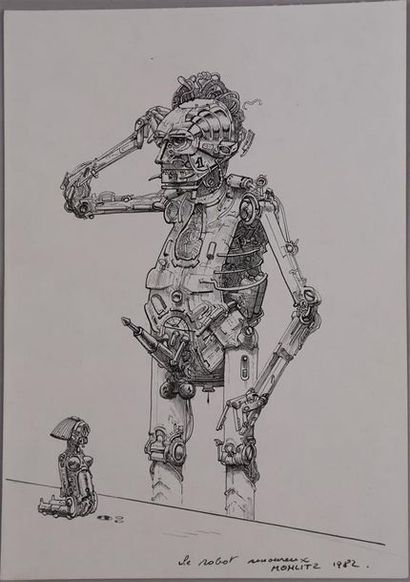 null Philippe MOHLITZ (1941-2019) Le robot amoureux. 1982
Dessin à la plume. L 15...