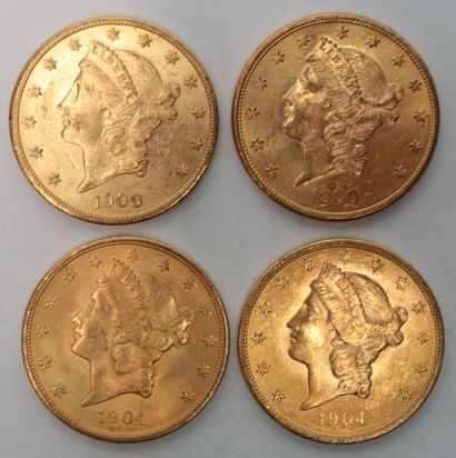 null * Quatre pièces de 20 dollars en or Liberté 1900 (x2) / 1904 (x2) - 133.9 g...