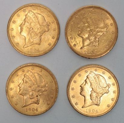 null * Quatre pièces de 20 dollars en or Liberté 1904 - 133.8 g 