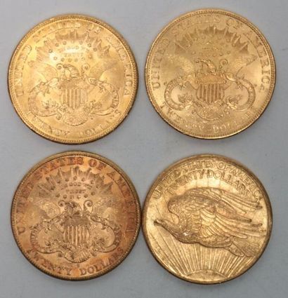 null * Quatre pièces de 20 dollars en or Liberté 1904 (x2) / 1907 et Saint-Gaudens...