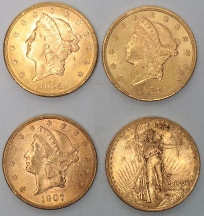 null * Quatre pièces de 20 dollars en or Liberté 1904 (x2) / 1907 et Saint-Gaudens...