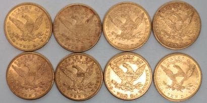 null * Huit pièces de 10 dollars en or Liberté 1880 / 1881 (x2) / 1882 / 1884 (x2)...