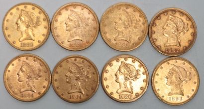 null * Huit pièces de 10 dollars en or Liberté 1880 / 1881 (x2) / 1882 / 1884 (x2)...