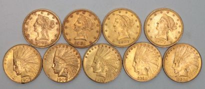 null * Neuf pièces de 10 dollars en or Liberté 1893 / 1901 / 1907 (x2) et Indien...