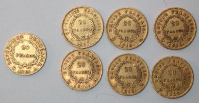 null * Sept pièces de 20 Francs or : Napoléon Empereur An 13 A / 1807 A / 1811 A...