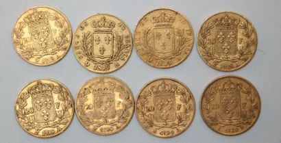 null * Huit pièces de 20 Francs or Louis XVIII 1814 A / 1815 A / 1818 A (x3) / 1820...