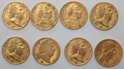 null * Huit pièces de 20 Francs or Louis XVIII 1814 A / 1815 A / 1818 A (x3) / 1820...