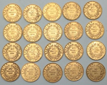 null * Vingt pièces de 20 Francs or Napoléon III Empereur 1854 (x8) / 1855 (x5) /...