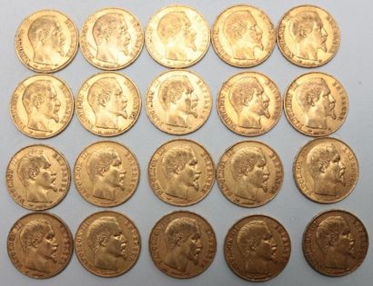 null * Vingt pièces de 20 Francs or Napoléon III Empereur 1854 (x8) / 1855 (x5) /...