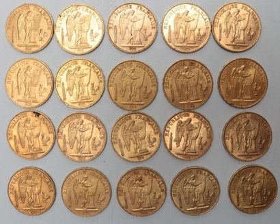 null * Vingt pièces de 20 francs or Génie 1876 (x4) / 1877 (x4) / 1878 (x5) / 1891...