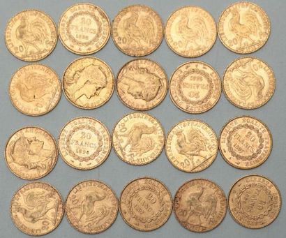 null * Vingt pièces de 20 francs or Génie 1896 (x2) / 1897 (x3) / 1898 et Coq 1901...