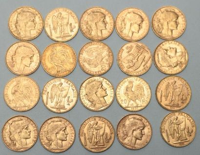 null * Vingt pièces de 20 francs or Génie 1896 (x2) / 1897 (x3) / 1898 et Coq 1901...