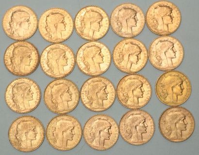 null * Vingt pièces de 20 francs or au Coq - 1907 (x3) / 1908 (x4) / 1909 (x4) /...