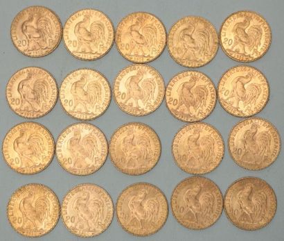 null * Vingt pièces de 20 francs or au Coq 1910 (x13) / 1911 (x2) / 1912 (x5) - 129.2...