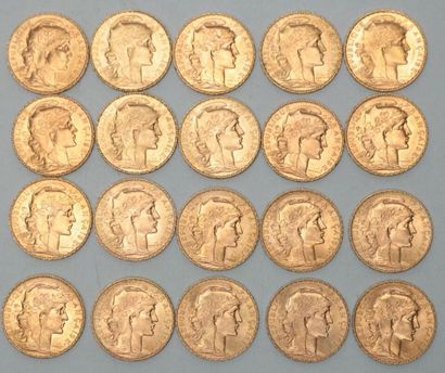 null * Vingt pièces de 20 francs or au Coq 1910 (x13) / 1911 (x2) / 1912 (x5) - 129.2...