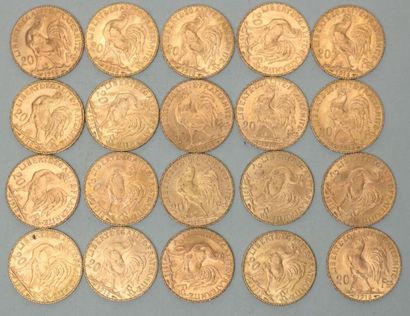 null * Vingt pièces de 20 francs or au Coq 1912 (x8) / 1913 (x12) - 129.2 g