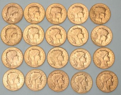null * Vingt pièces de 20 francs or au Coq 1912 (x8) / 1913 (x12) - 129.2 g