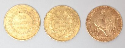 null Trois pièces de 20 francs or : Génie 1848 A / Napoléon III 1855 A / Coq 1909...
